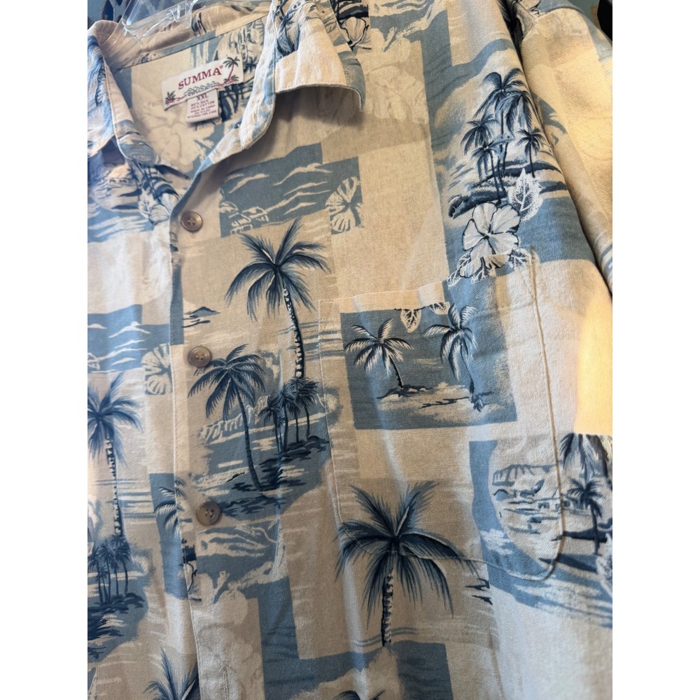 Summa Mens XXL Silk Cotton Blend Tropical Palm Tree Island Print Camp Shirt Blue